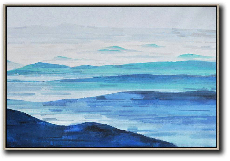Horizontal Abstract Landscape Oil Painting On Canvas,Acrylic Painting Large Wall Art,Grey,Light Blue,Dark Blue